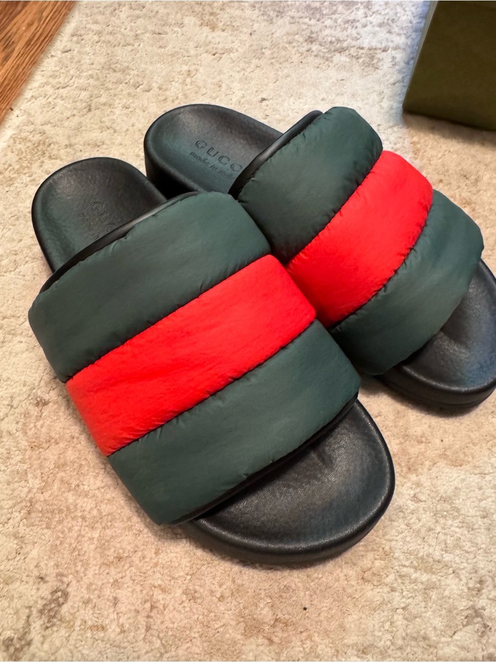 Gucci Green Slides with Red Center Stripe